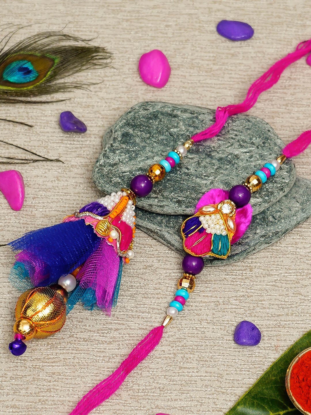 

eCraftIndia Pink & Blue Designer Bhaiya Bhabhi Rakhi & Roli Chawal Pack
