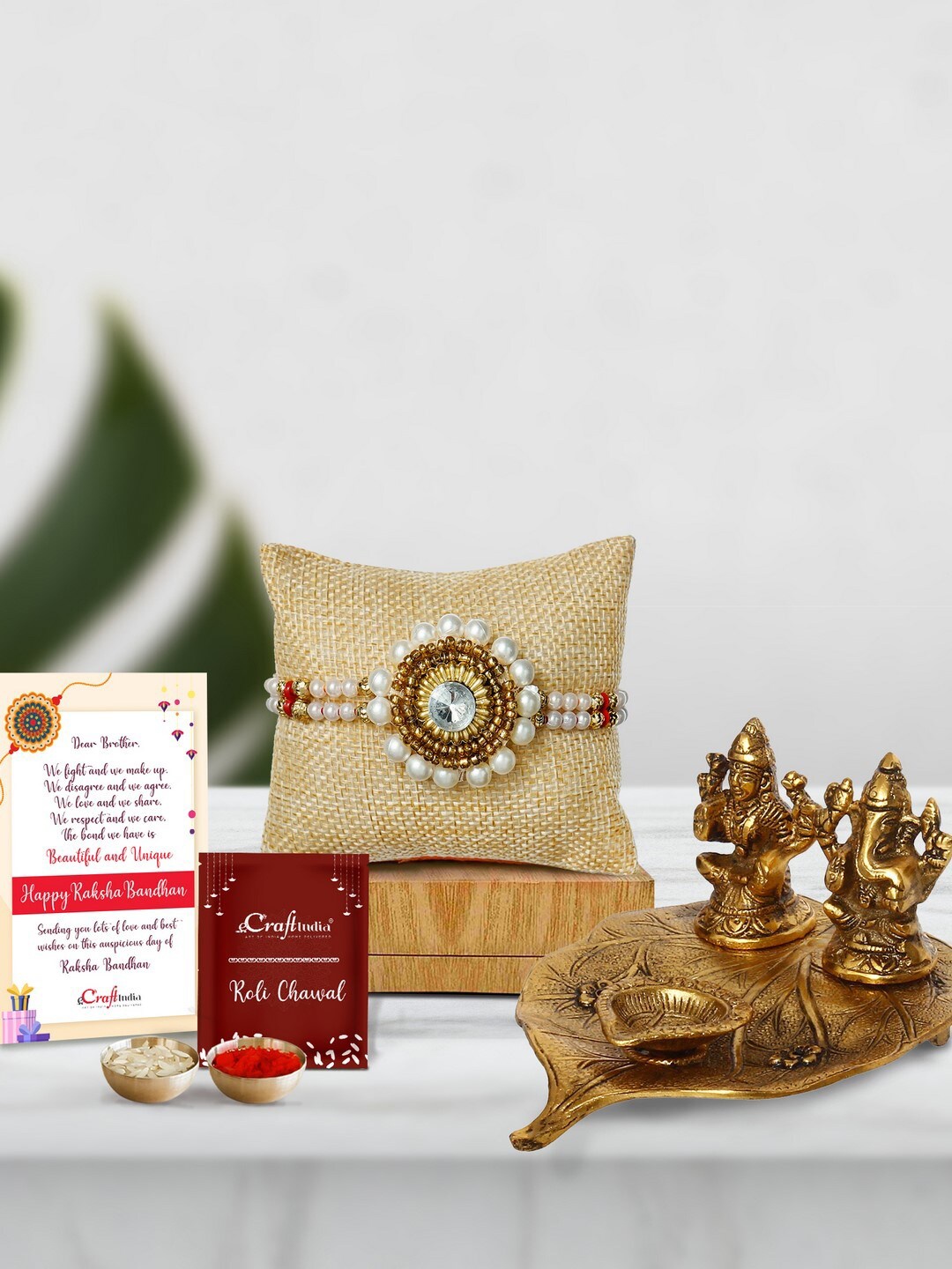 

eCraftIndia Unisex Studded & Beaded Rakhi & Lord Ganesha Idol & Roli Chawal Greeting Card, White