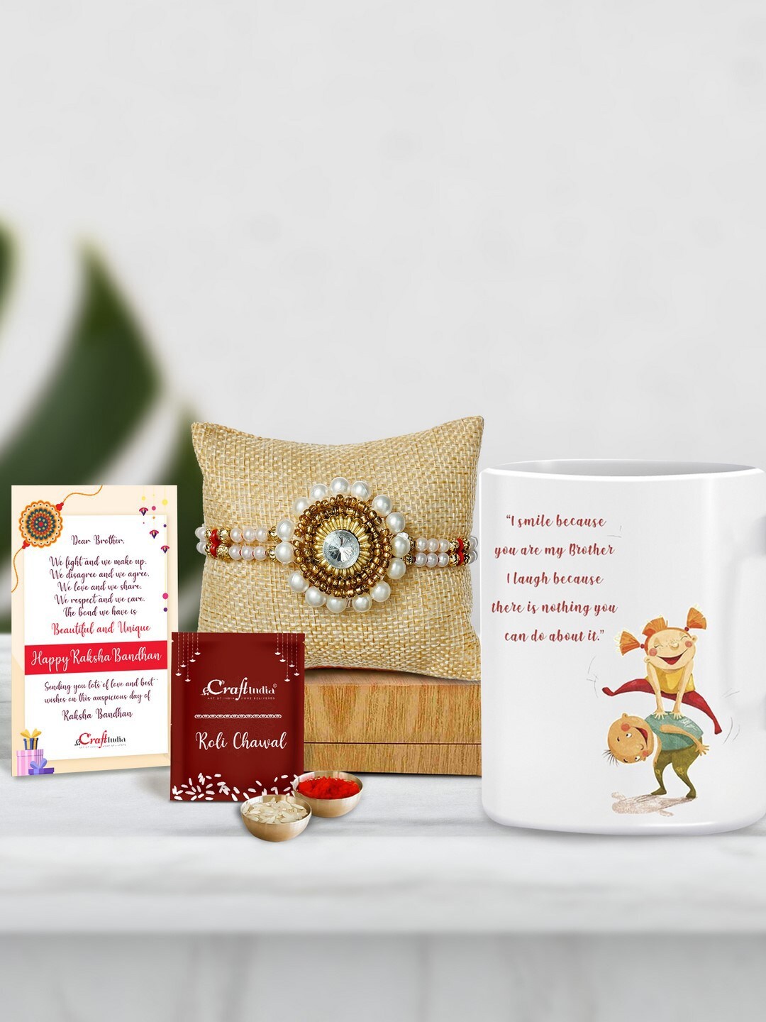 

eCraftIndia Unisex Stone Studded & Beaded Rakhi With Mug & Roli Chawal Greeting Card, White