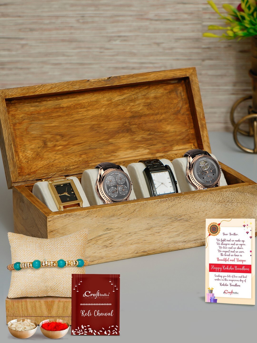 

eCraftIndia Turquoise Blue & Gold-Toned Watch Organizer Pearl Beaded Rakhi Gift Set