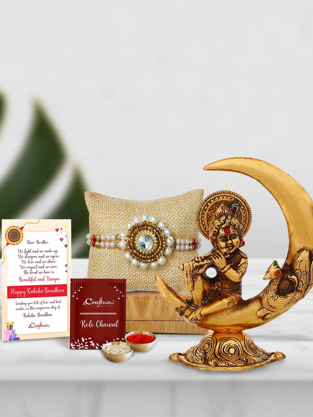 

eCraftIndia Gold-Toned & White Lord Krishna Idol Pearl Beaded Rakhi Gift Set