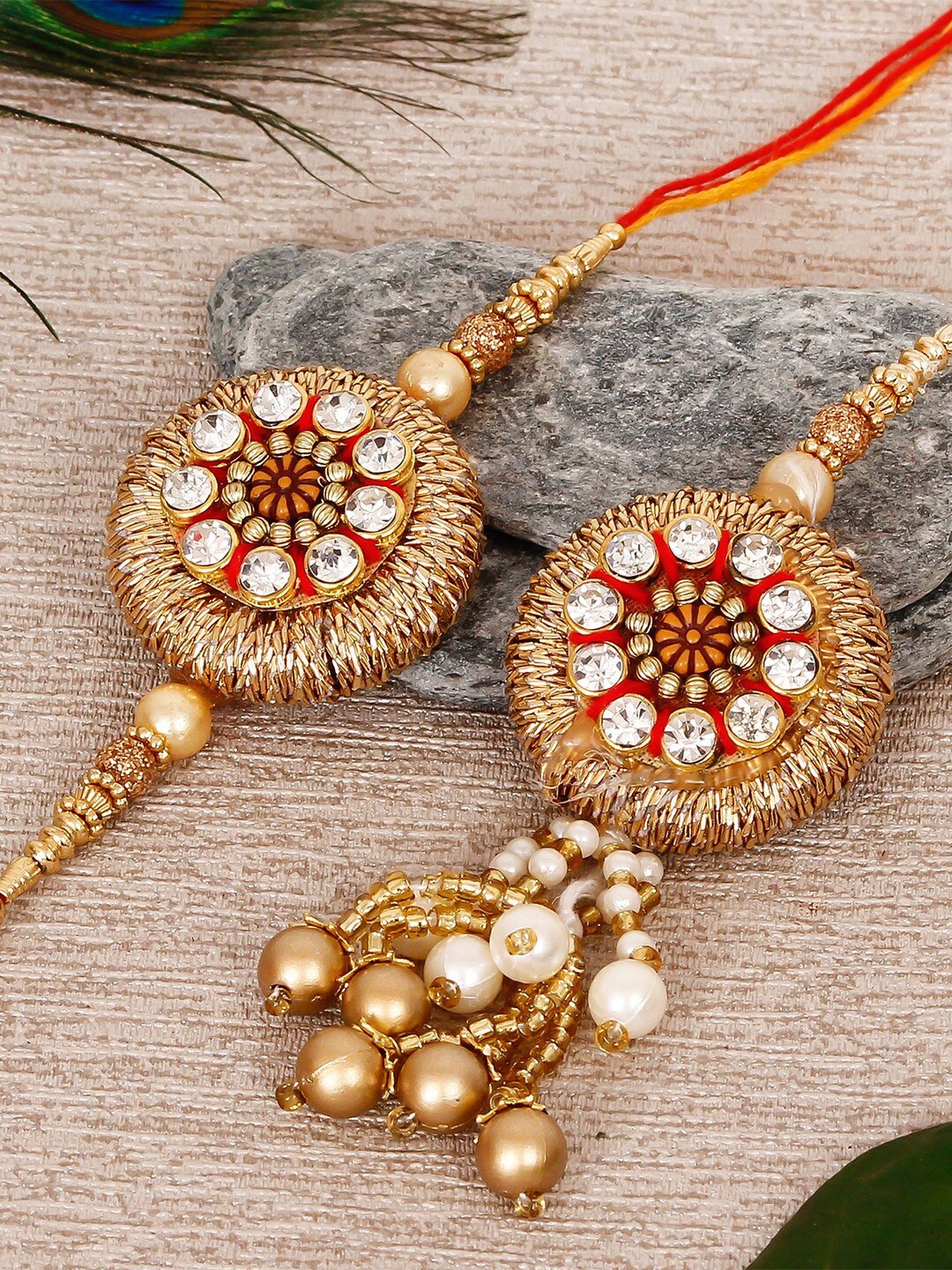 

eCraftIndia Gold-Toned & White Beaded Bhaiya Bhabhi Rakhi Set