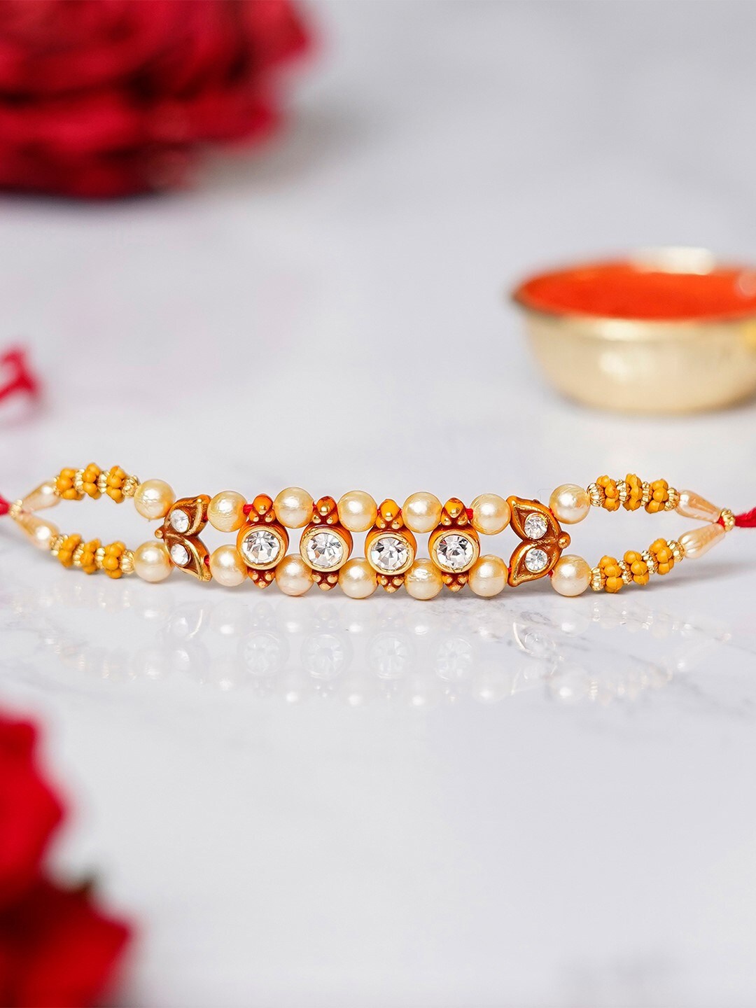 

eCraftIndia Gold-Toned & Red Designer Handcrafted Rakhi & Roli Chawal Pack
