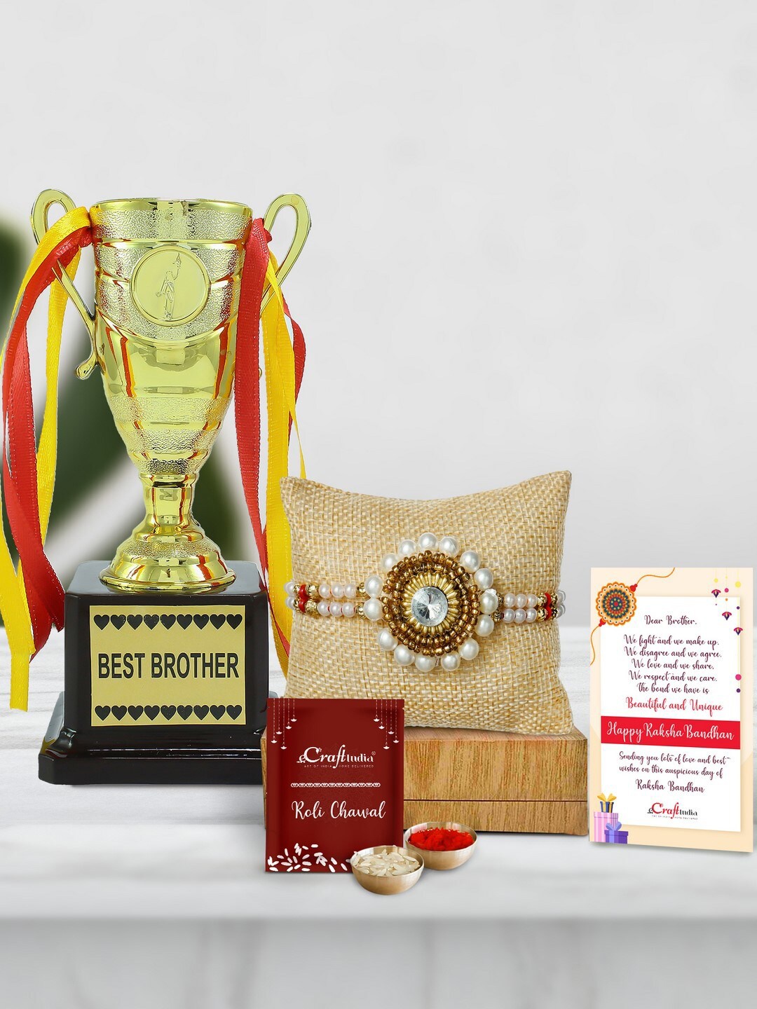 

eCraftIndia White & Gold-Toned Handcrafted Stone Pearl Rakhi Gift Set