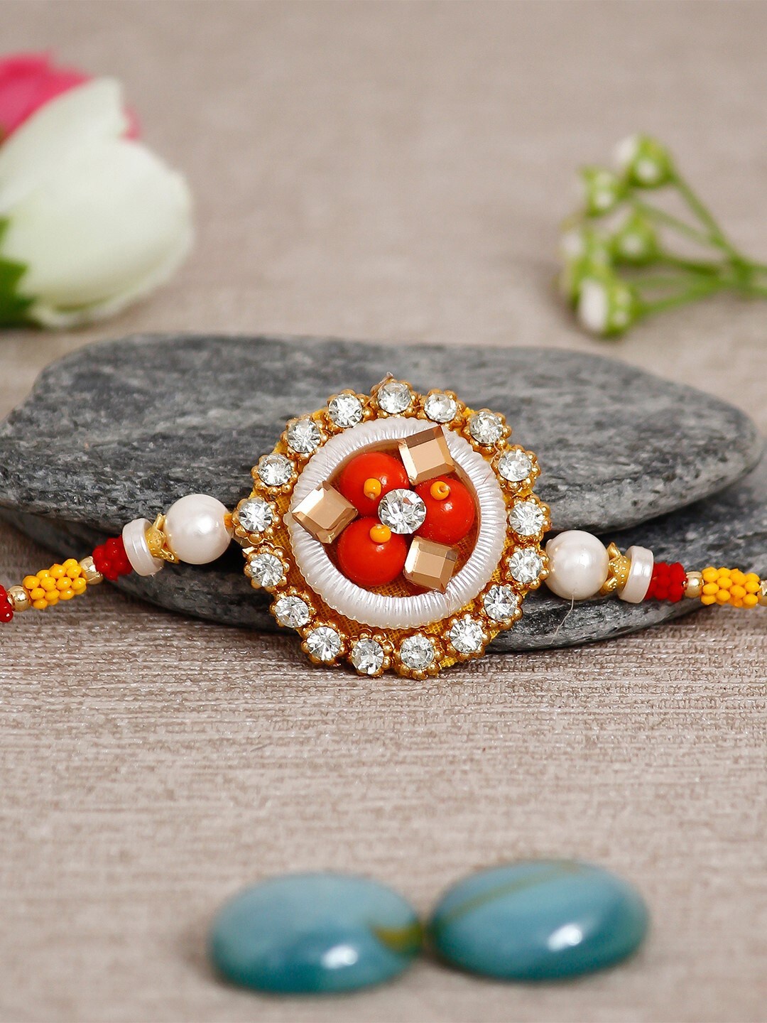 

eCraftIndia Yellow & White Beaded & Studded Designer Rakhi