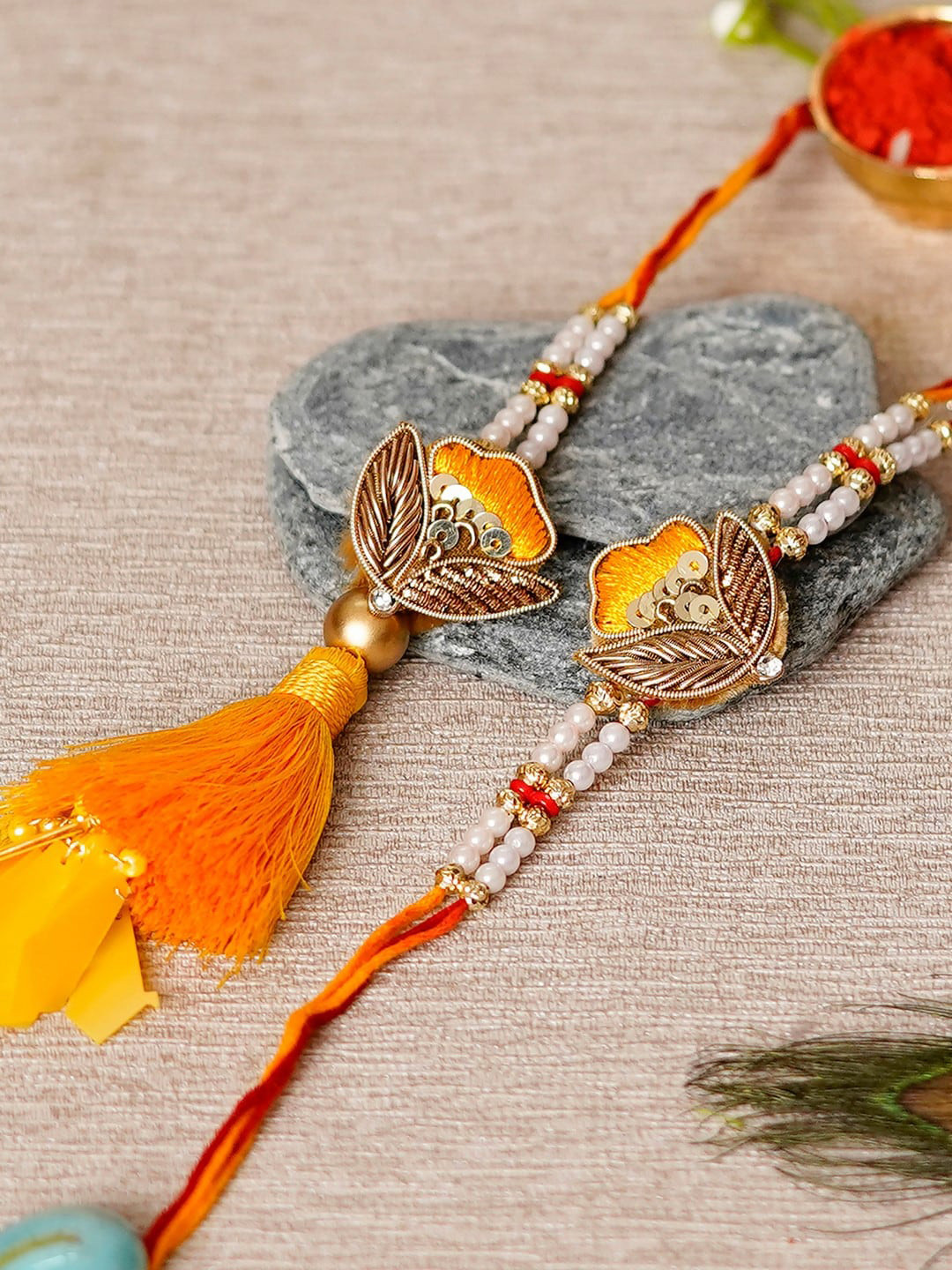 

eCraftIndia Yellow & White Beaded & Studded Bhaiya Bhabhi Rakhi Gift Set