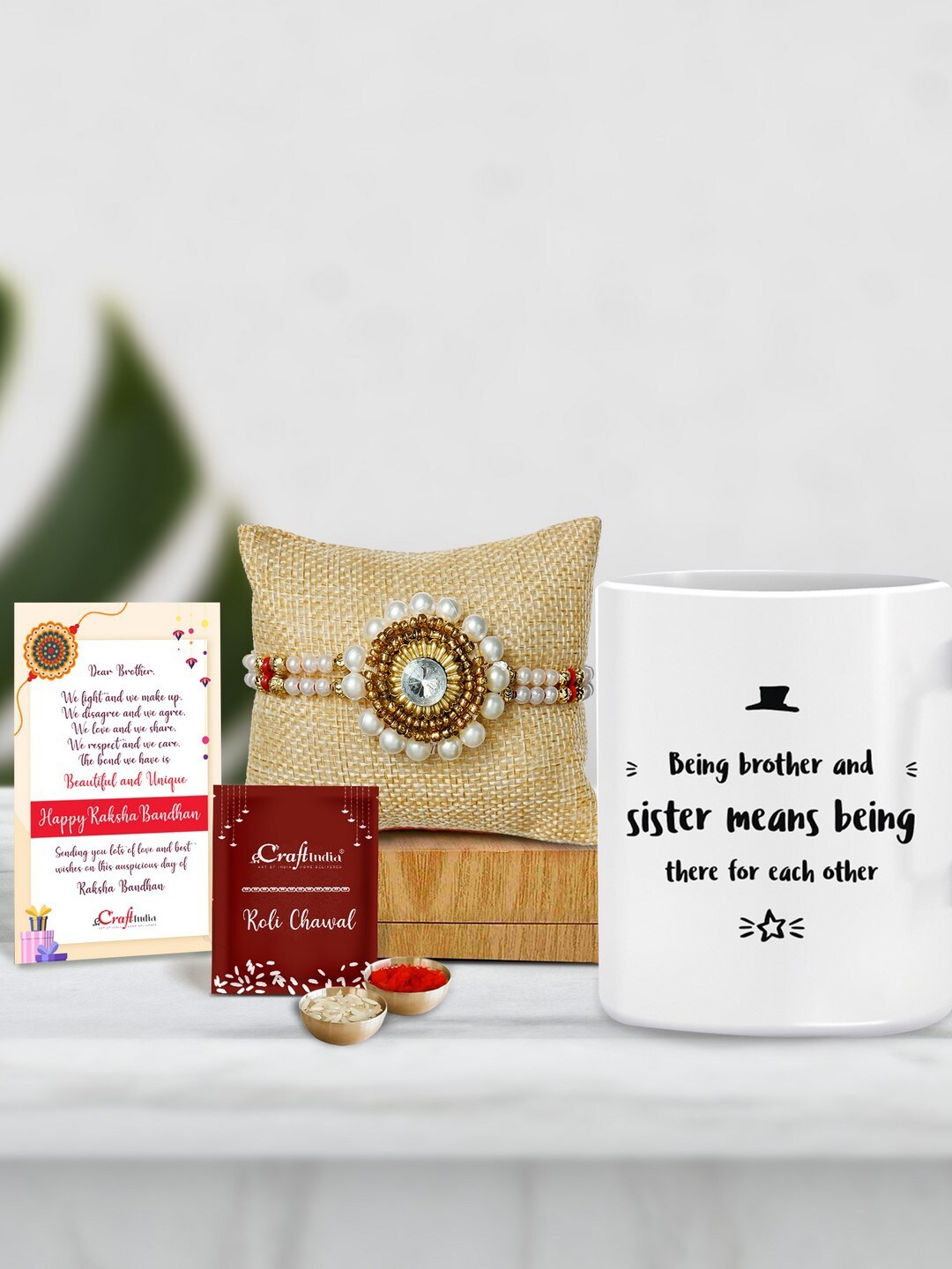 

eCraftIndia Gold-Toned & White Rakhi Gift Set