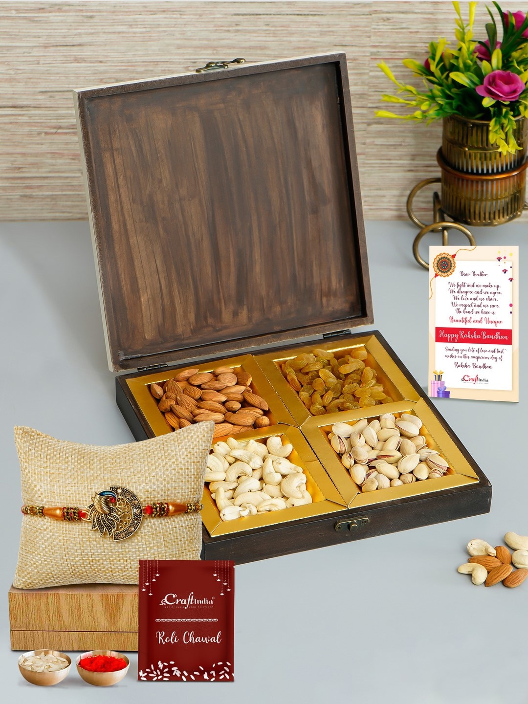 

eCraftIndia Gold-Toned & Red Dryfuit Box Rakhi Gift Set