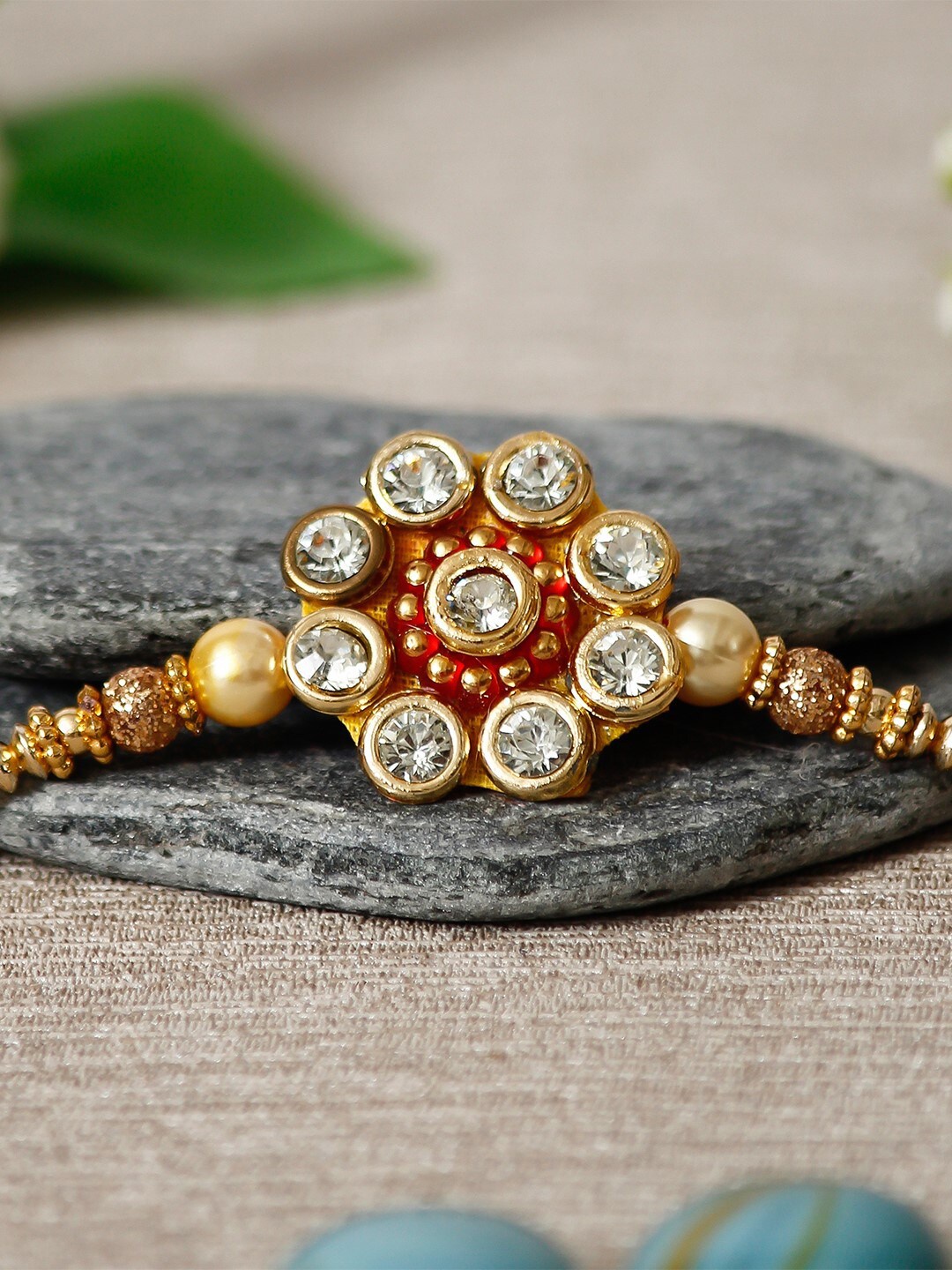 

eCraftIndia Gold-Toned & White Designer Pearl Rakhi