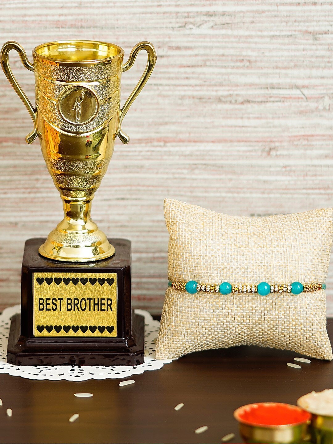 

eCraftIndia Turquoise Blue & Gold-Toned Best Brother Trophy Rakhi Gift Set