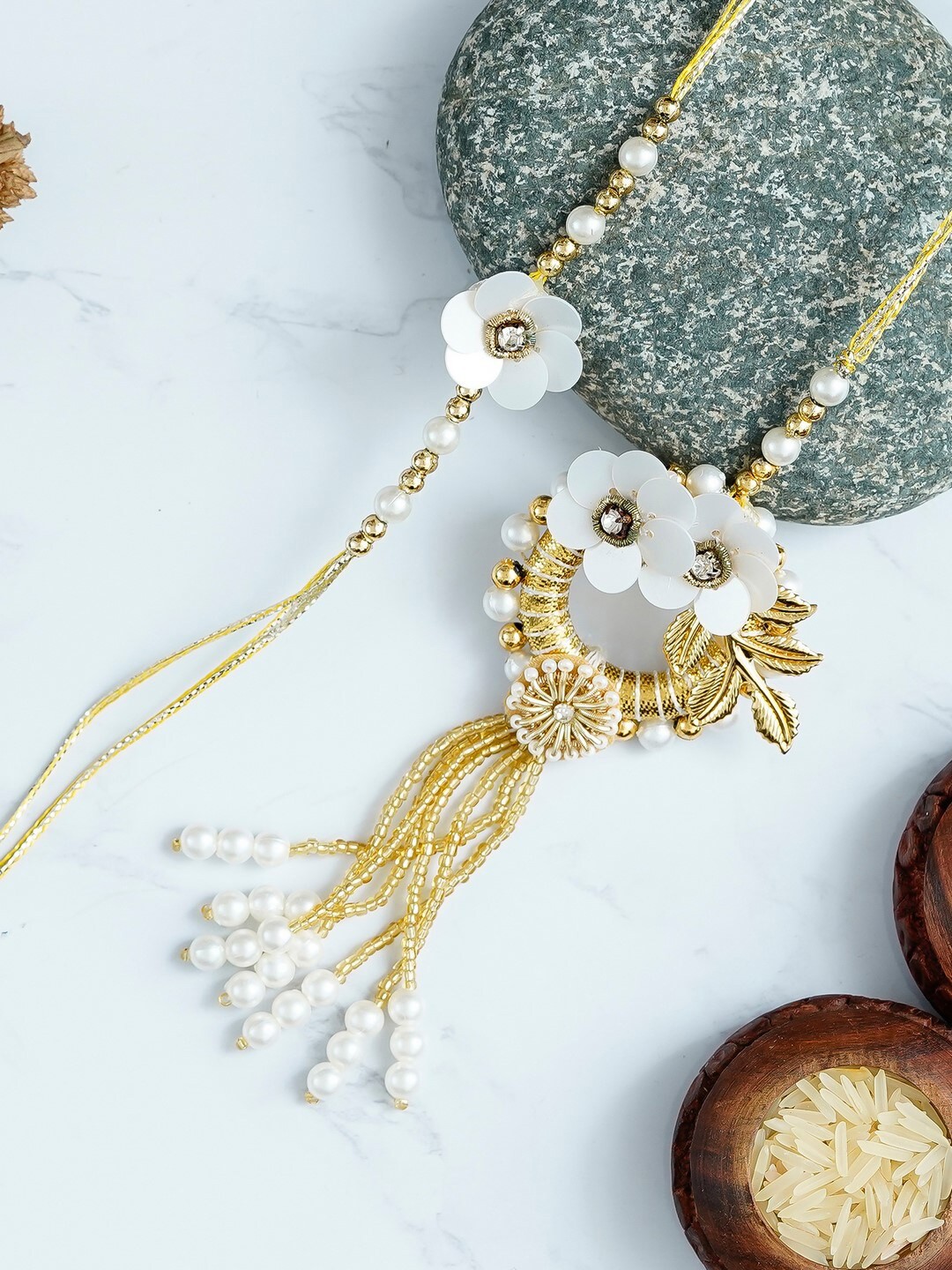 

eCraftIndia Gold-Toned & White Beaded & Studded Handcrafted Rakhi Set