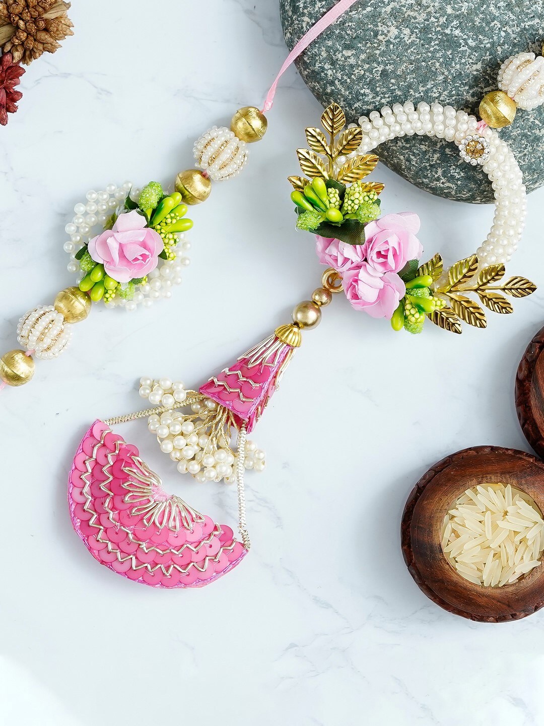 

eCraftIndia Pink & White Bhaiya Bhabhi Rakhi Set