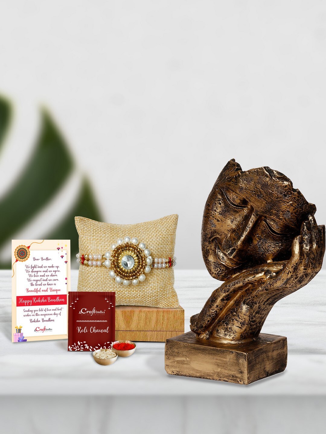 

eCraftIndia White & Gold-Toned Handcrafted Rakhi Gift Set