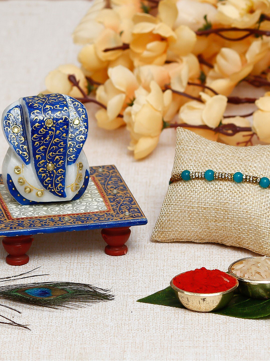 

eCraftIndia Multicoloured Pearl Rakhi with Lord Ganesha Marble Chowki Rakhi Gift Set, Multi