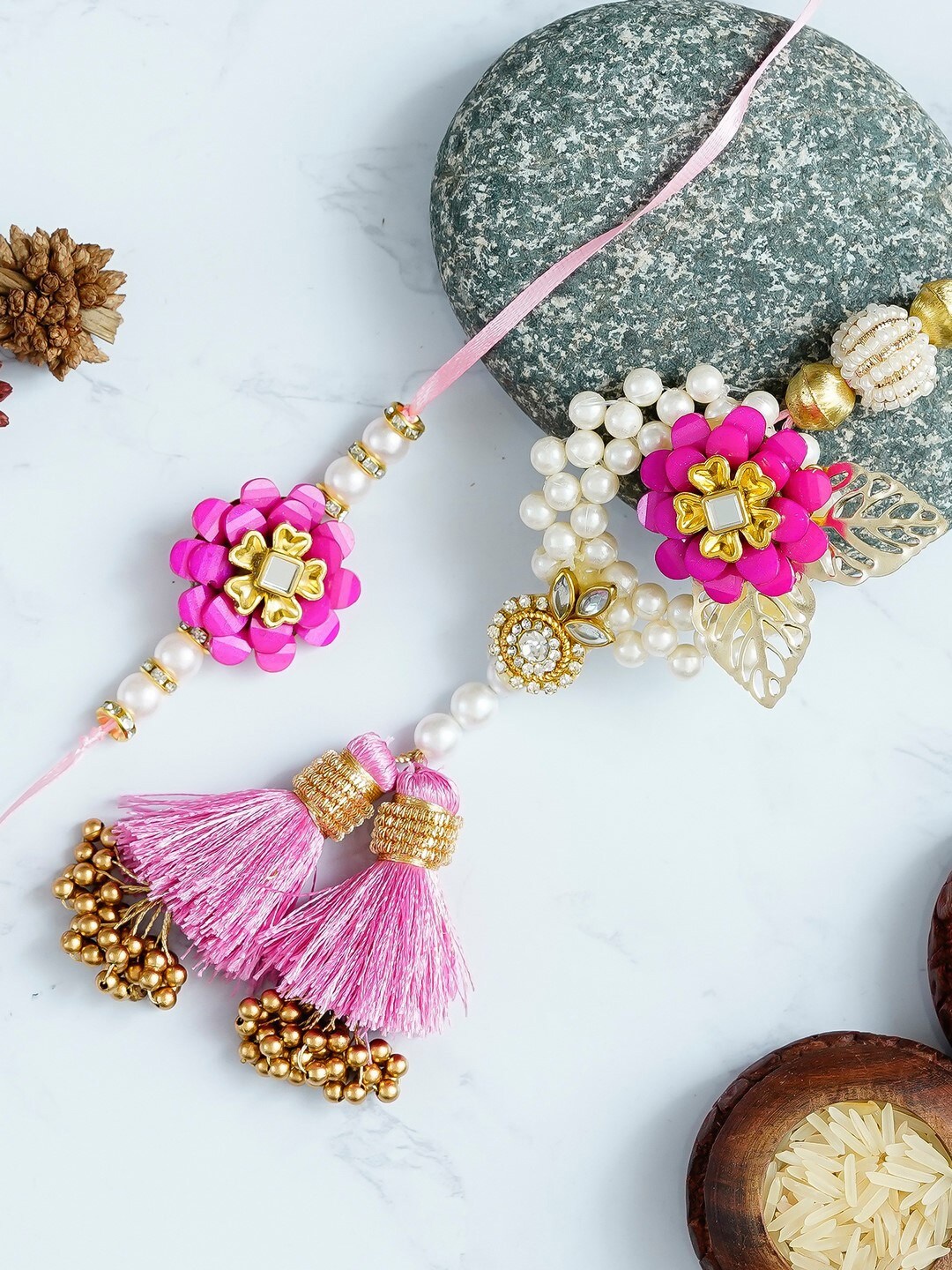 

eCraftIndia Pink & White Handcrafted Bhaiya Bhabhi Rakhi Set