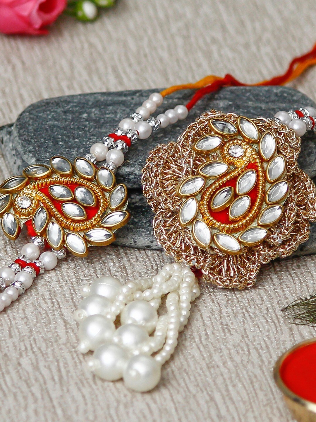 

eCraftIndia Red & White Designer Handcrafted Bhaiya Bhabhi Rakhi Set