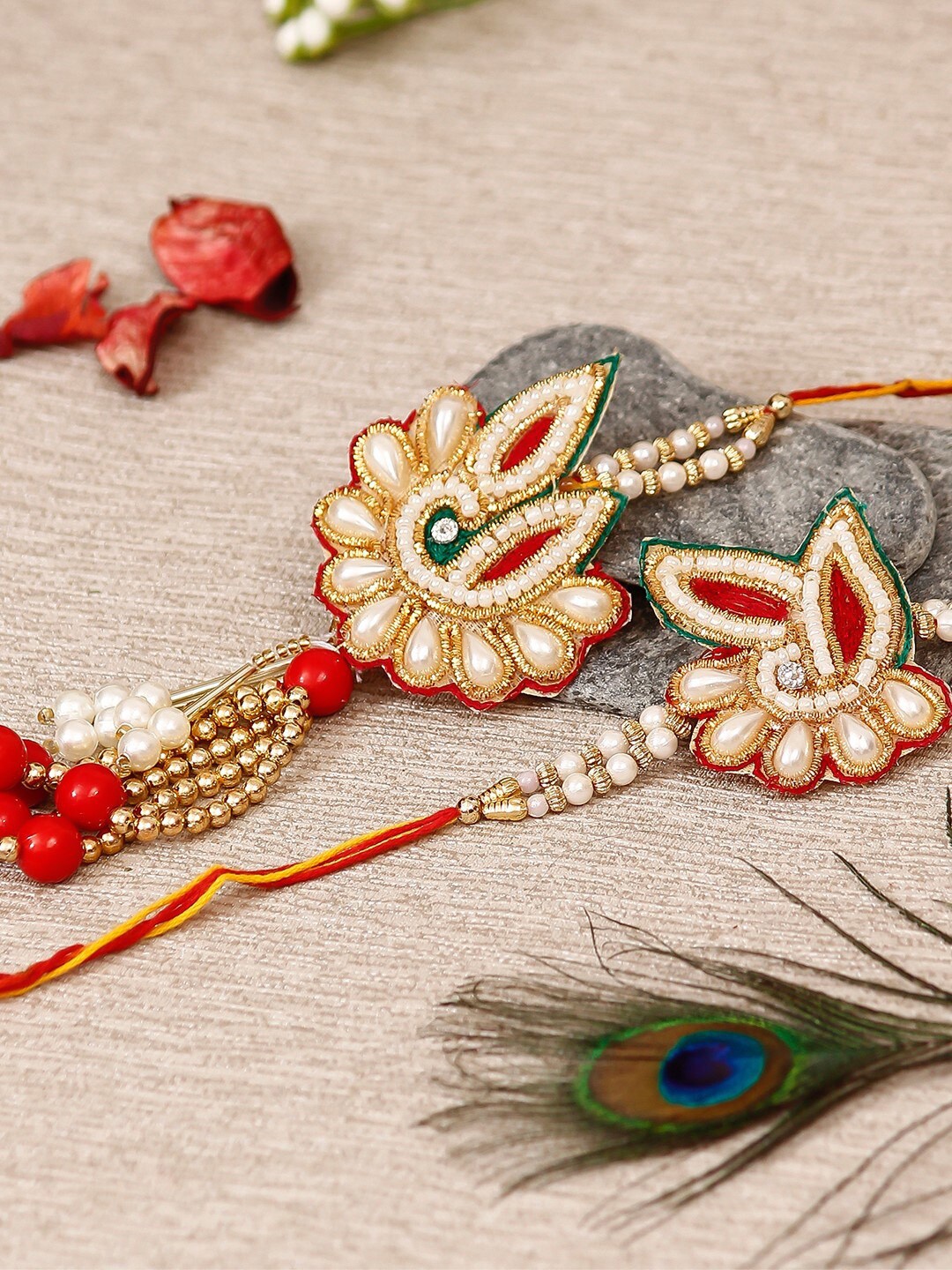 

eCraftIndia Red & White Beaded Bhaiya Bhabhi Rakhi Set