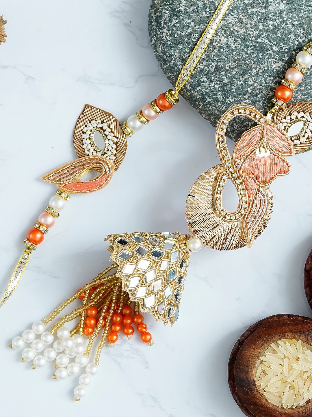 

eCraftIndia Multicolored Handcrafted Premium Bhaiya Bhabhi Rakhi & Roli Chawal Set, Multi