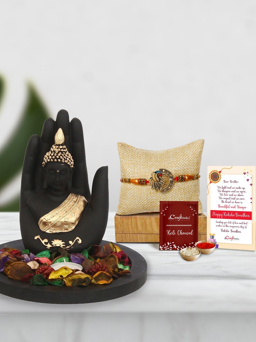 

eCraftIndia Black & Gold-Toned Palm Buddha Statue Peacock Rakhi Gift Set