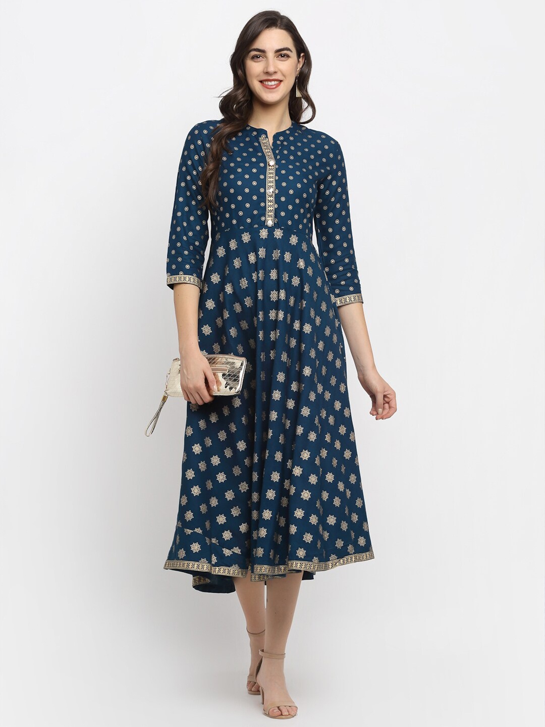 

Rudra Bazaar Blue & Gold-Toned Floral Printed Empire Kurti