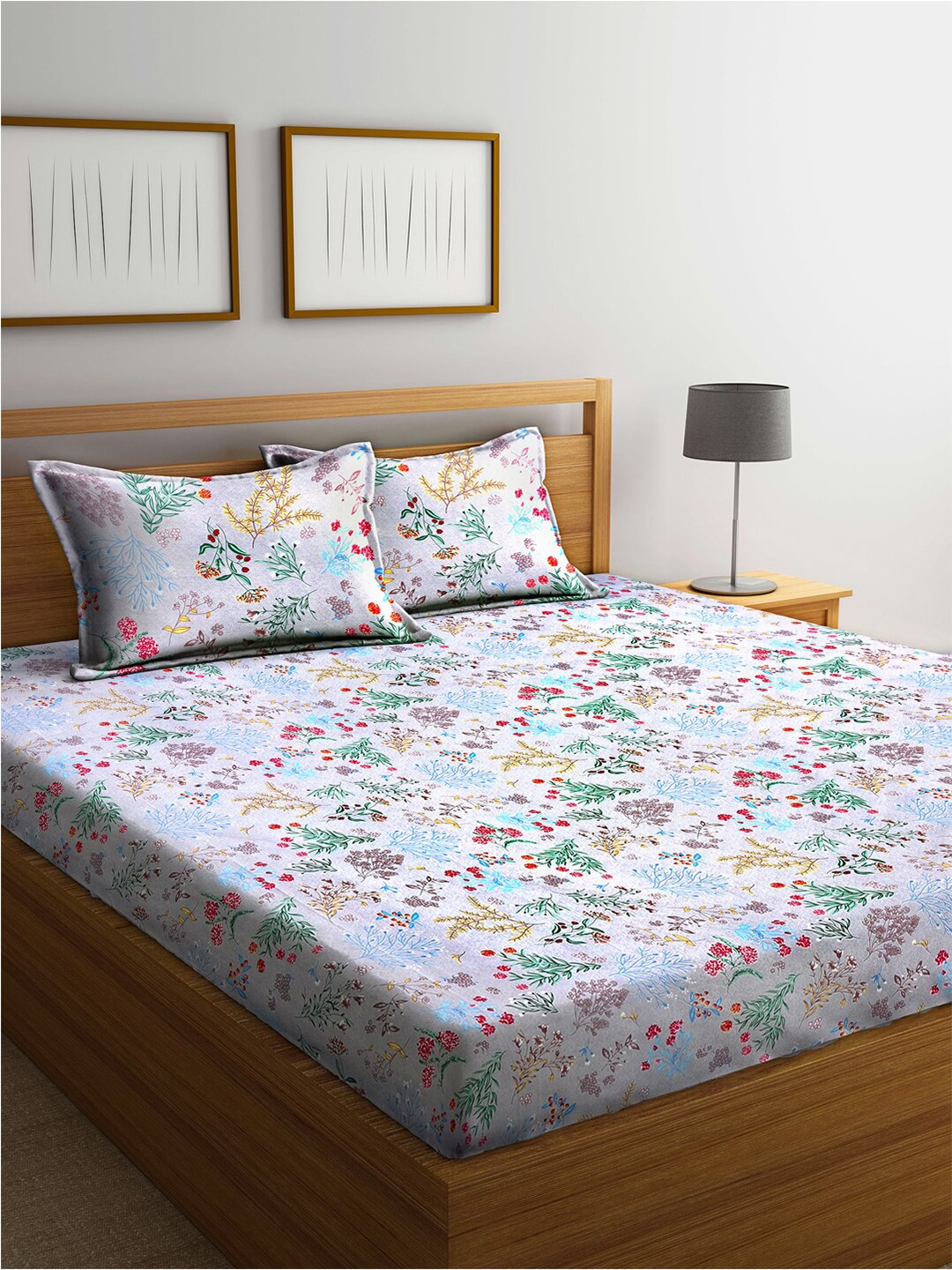 

KLOTTHE Grey Melange & Blue Floral 210 TC King Bedsheet with 2 Pillow Covers