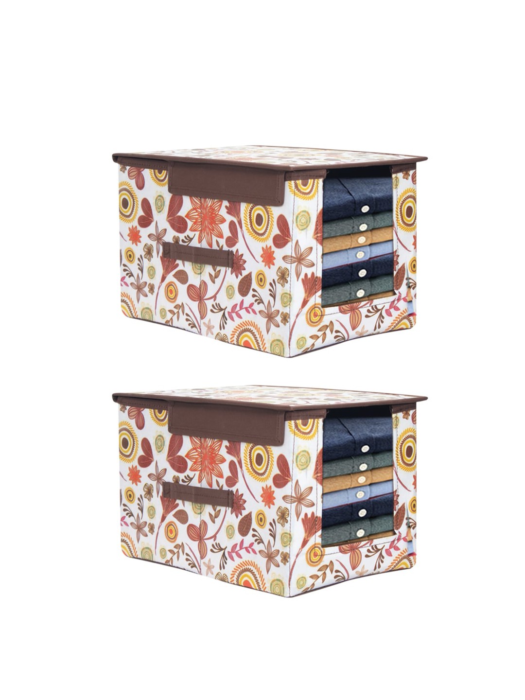 

prettykrafts Set Of 2 White & Brown Printed Shirt Stacker Organizer With Handles