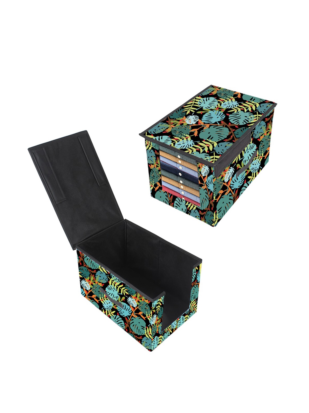 

prettykrafts Green & Yellow Printed Shirt Stacker Organizer With Handles
