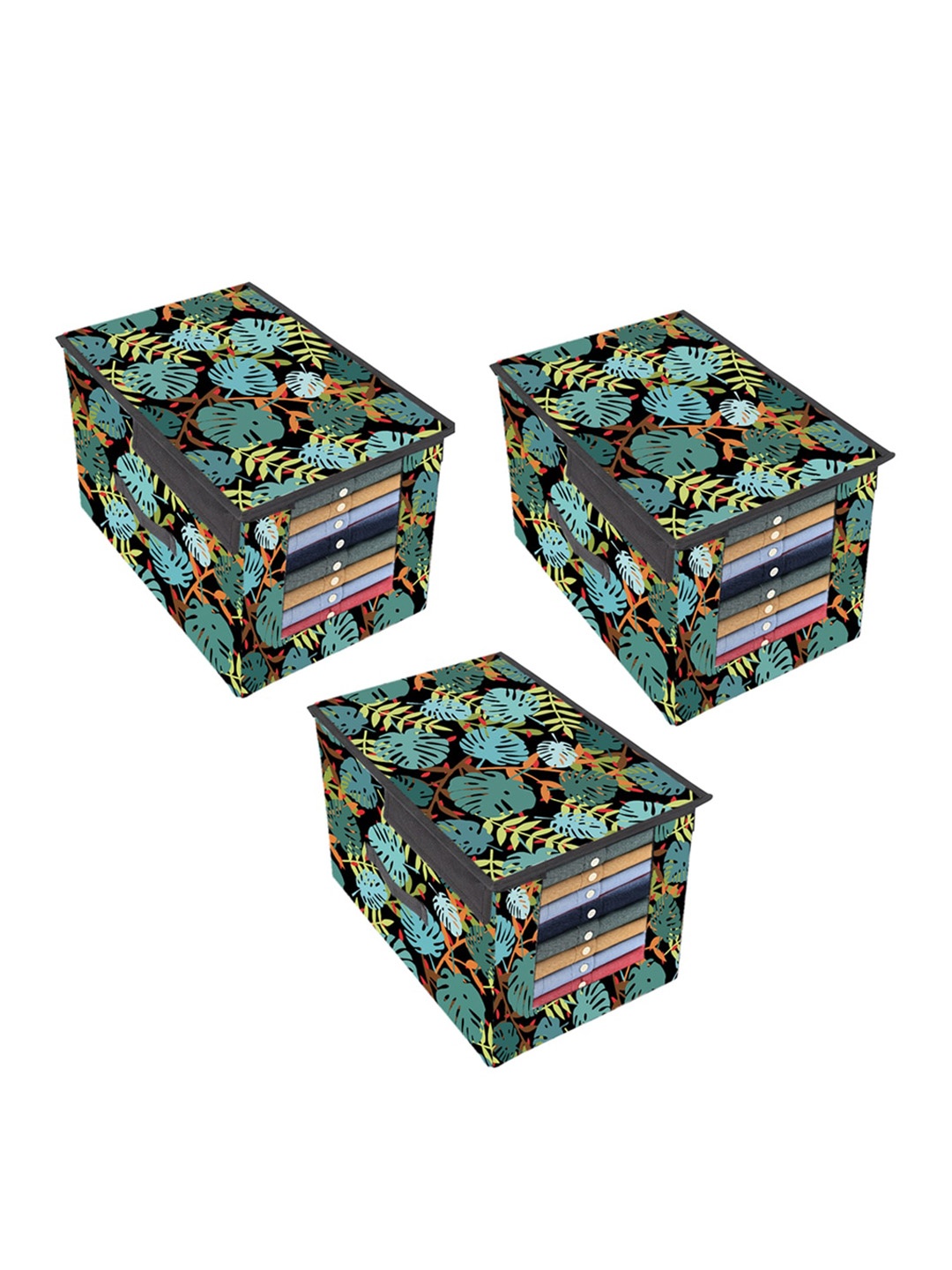 

prettykrafts Set Of 3 Green & Yellow Printed Shirt Stacker Organizer With Handles