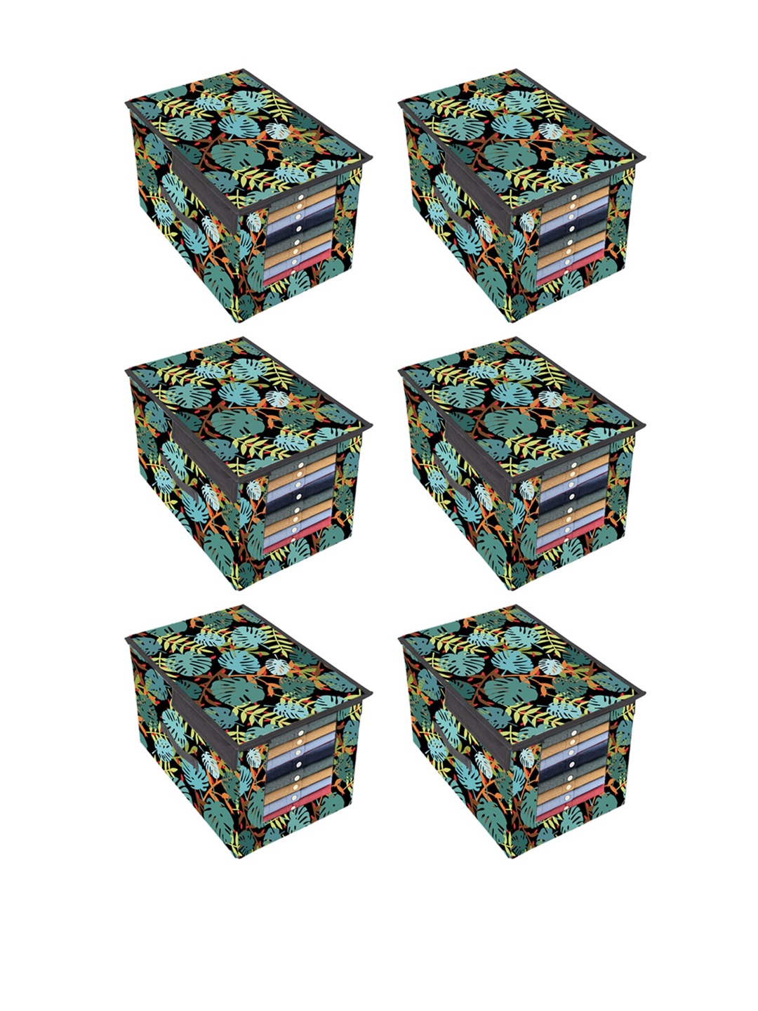 

prettykrafts Set Of 6 Black & Sea Green Leaves Printed Foldable Shirt Stacker Organizers With Handles