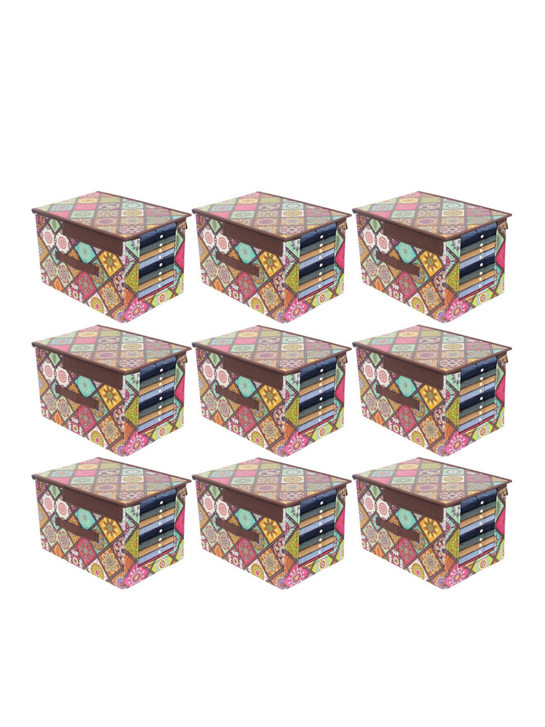 

prettykrafts Set Of 9 Pink & Yellow Multichecks Printed Foldable Rectangle Shirt Stacker Organisers