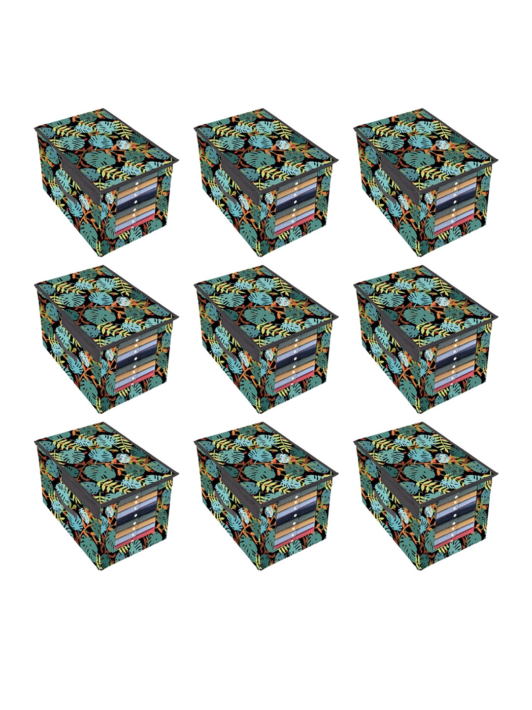 

prettykrafts Set Of 9 Green & Yellow Printed Shirt Stacker Organizer With Handles