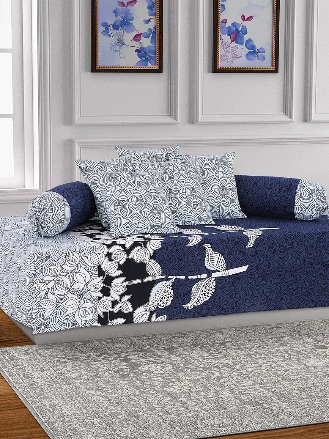 

Salona Bichona 8 Pieces Blue & White Printed Pure Cotton Diwan Set