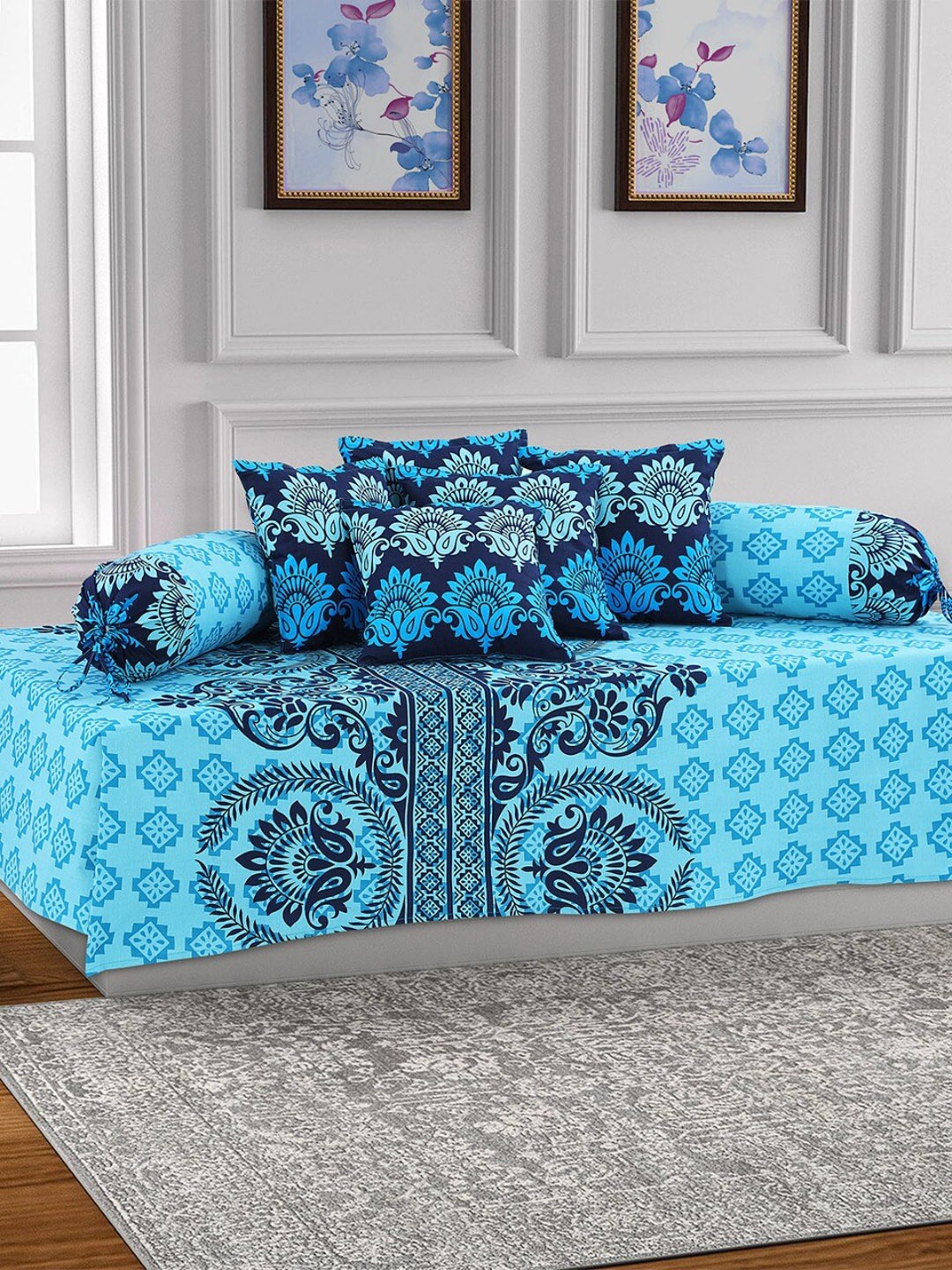 

Salona Bichona 8-Pieces Blue Printed 120 TC Pure Cotton Diwan Set