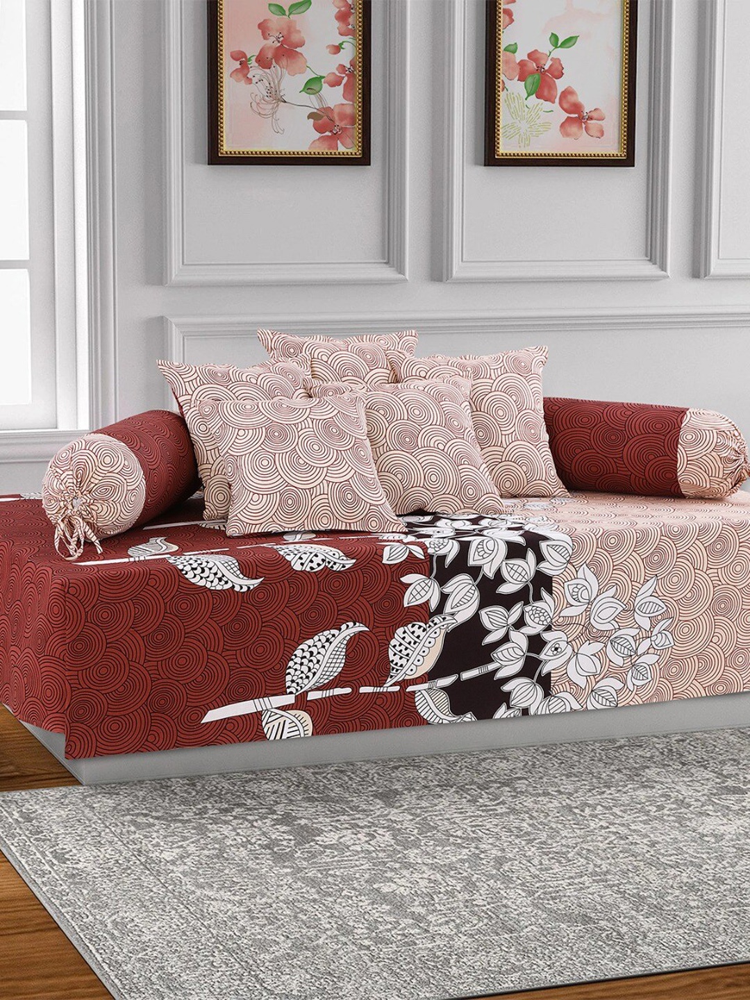 

Salona Bichona 8 Pieces Beige & Brown Printed Pure Cotton Diwan Set