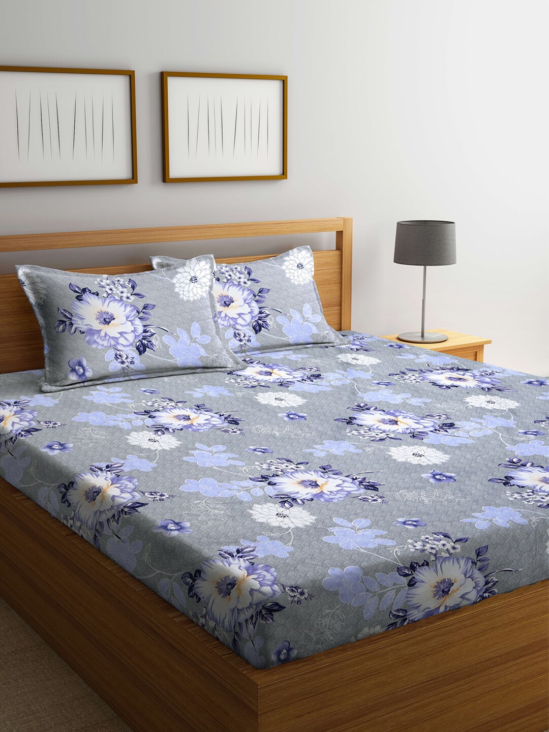 

KLOTTHE Grey & Purple Floral 210 TC Queen Bedsheet with 2 Pillow Covers