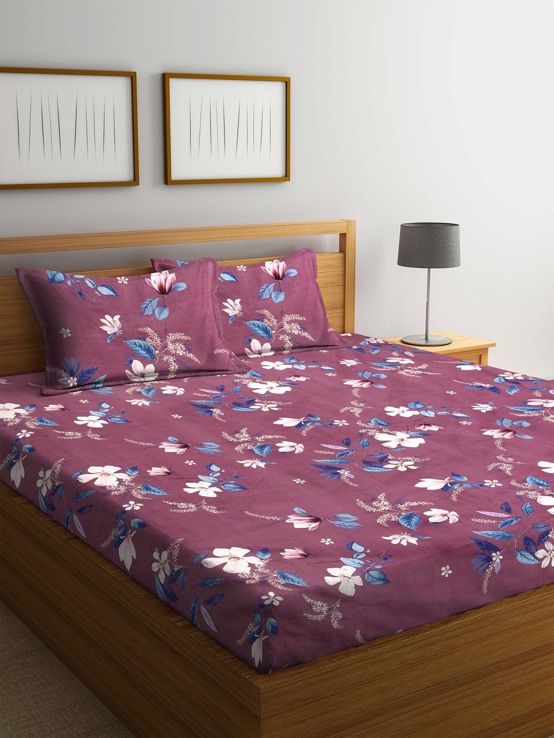 

KLOTTHE Purple & Blue Floral 210 TC Queen Bedsheet with 2 Pillow Covers