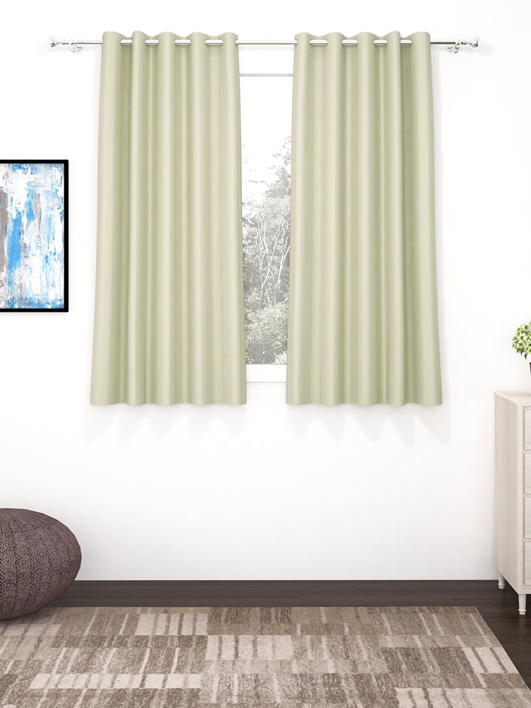 

Story@Home Faux Silk Solid Solid 300GSM Beige Room Darkening Blackout Window Curtain - Set of 2