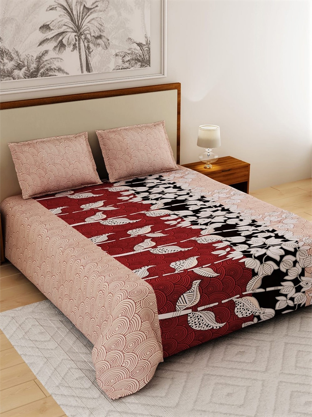 

Salona Bichona Beige & Maroon Floral 120 TC Cotton Queen Bedsheet with 2 Pillow Covers