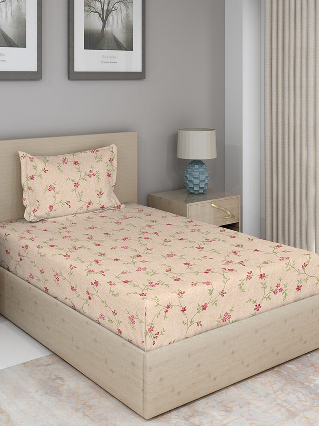 

Duroflex Peach-Coloured & Pink Floral 144 TC Single Bedsheet with 1 Pillow Covers