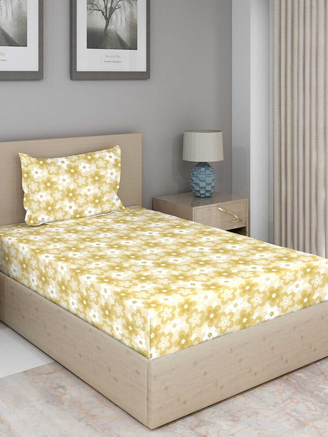 

Duroflex Yellow & Off White Floral 104 TC Single Bedsheet with 1 Pillow Covers