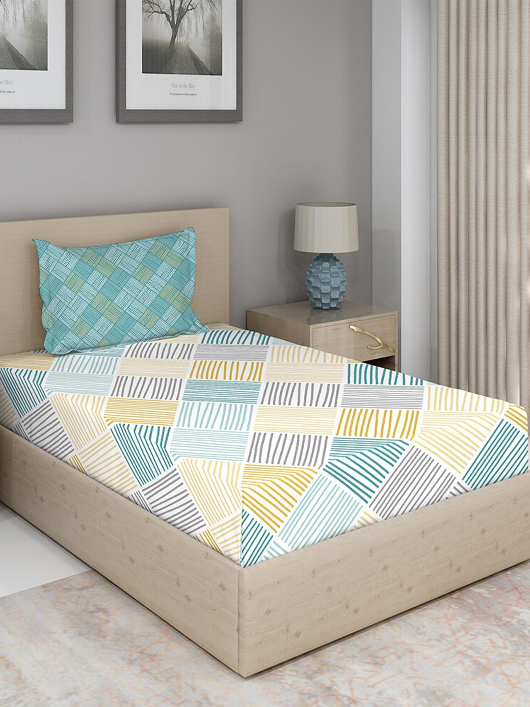 

Duroflex White & Blue Geometric 144 TC Single Bedsheet with 2 Pillow Covers