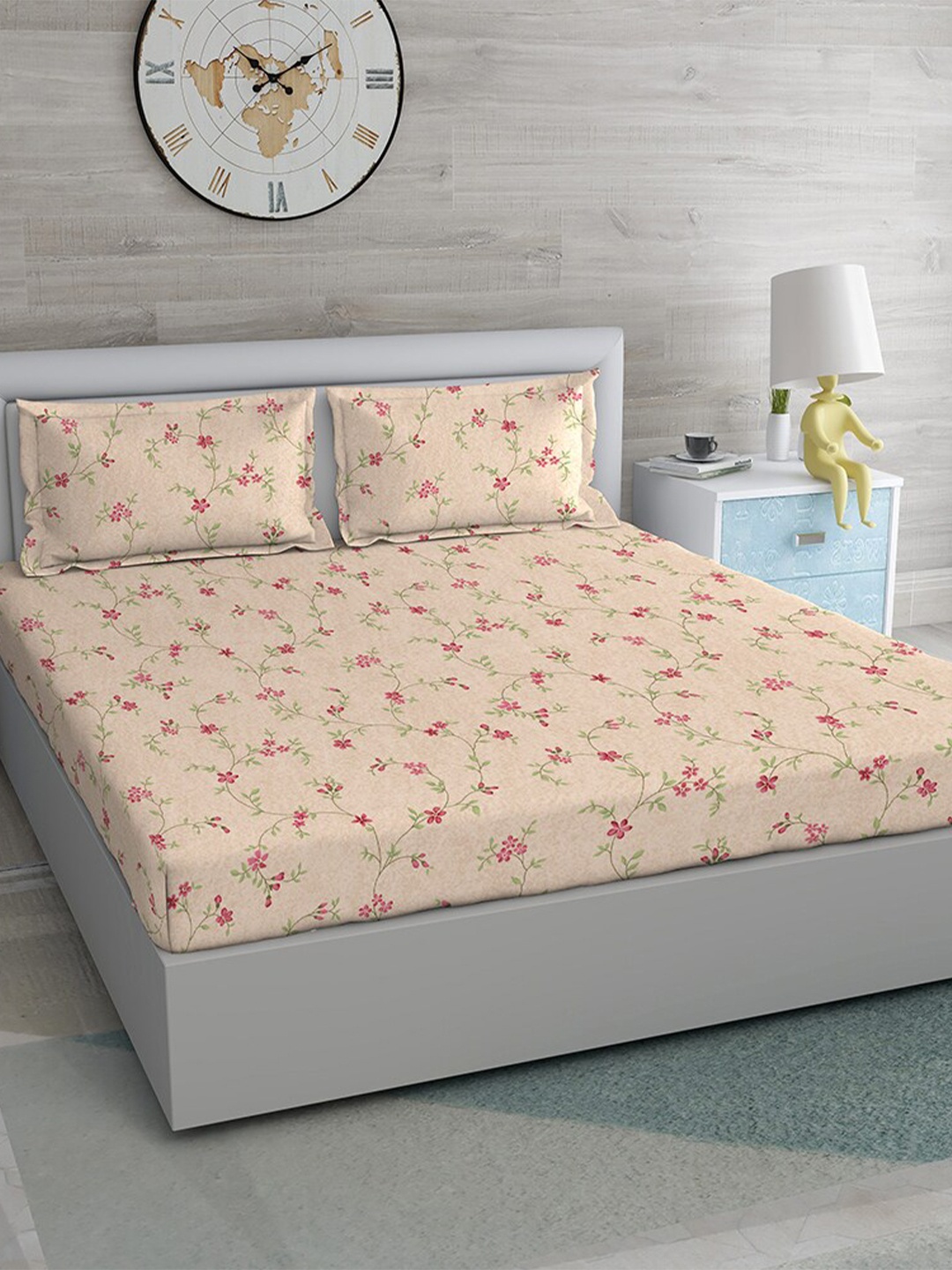 

Duroflex Beige & Pink Floral 144 TC Queen Bedsheet with 2 Pillow Covers