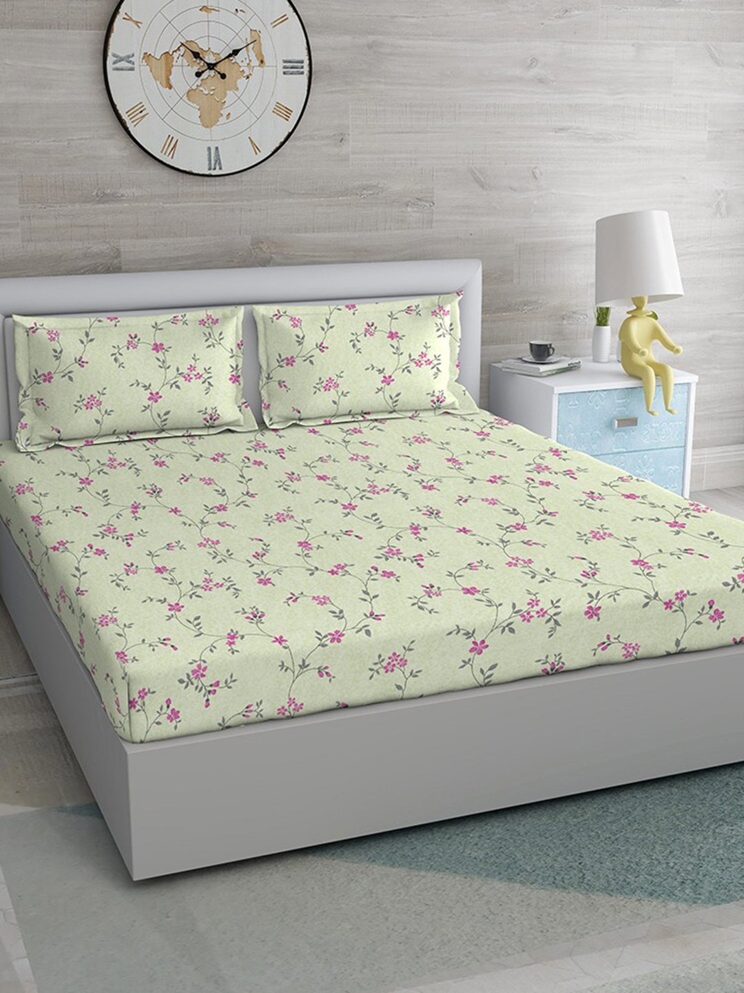 

Duroflex Green & Grey Floral 144 TC King Bedsheet with 1 Pillow Covers