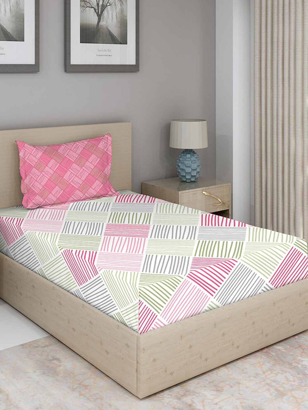 

Duroflex White & Pink Geometric 144 TC Single Bedsheet with 2 Pillow Covers