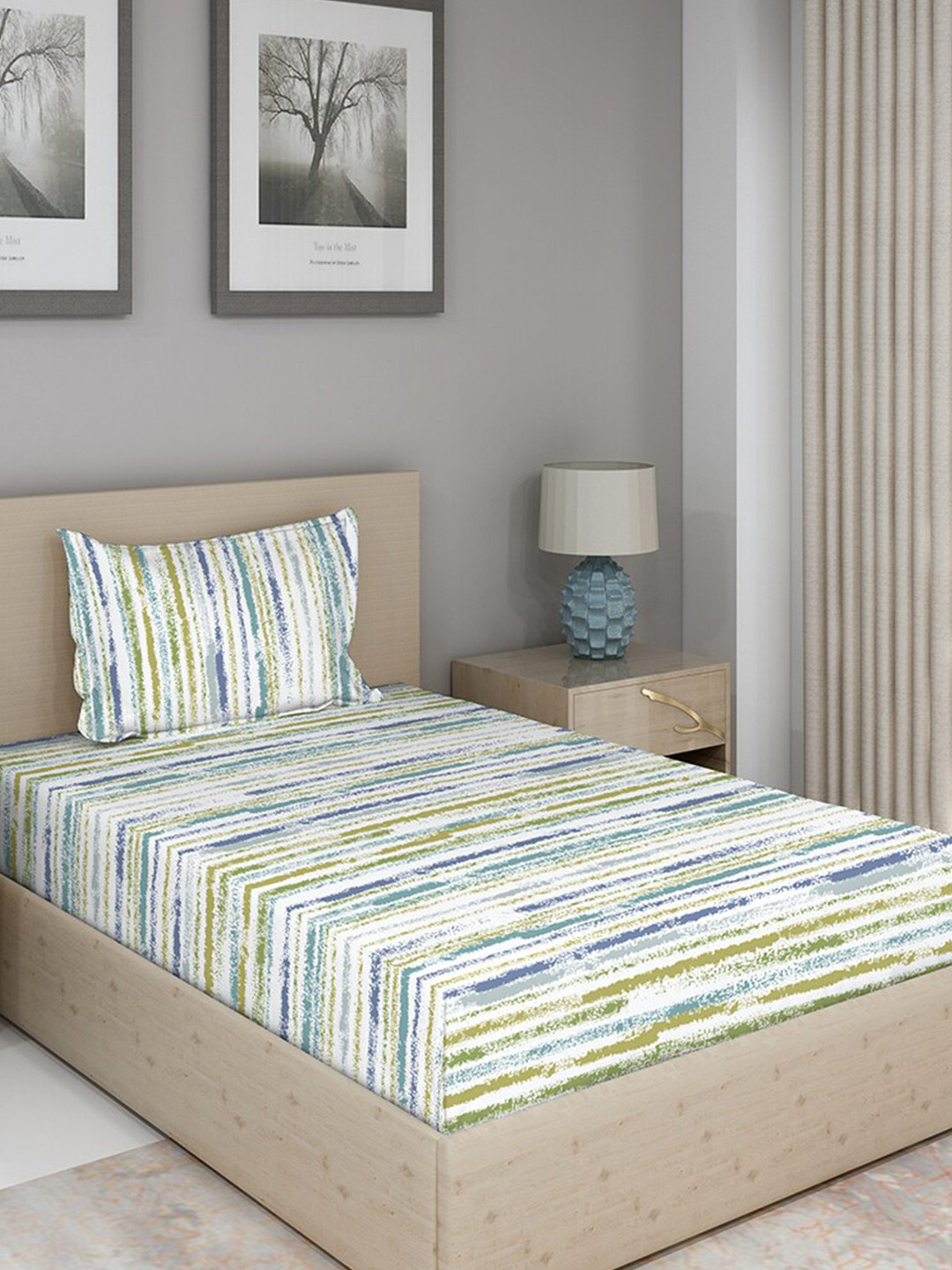 

Duroflex White & Blue Striped 144 TC Single Bedsheet with 2 Pillow Covers