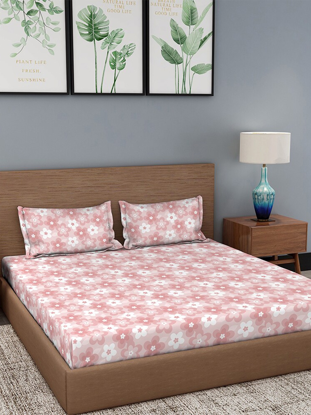 

Duroflex Pink & White Floral 104 TC Queen Bedsheet with 2 Pillow Covers