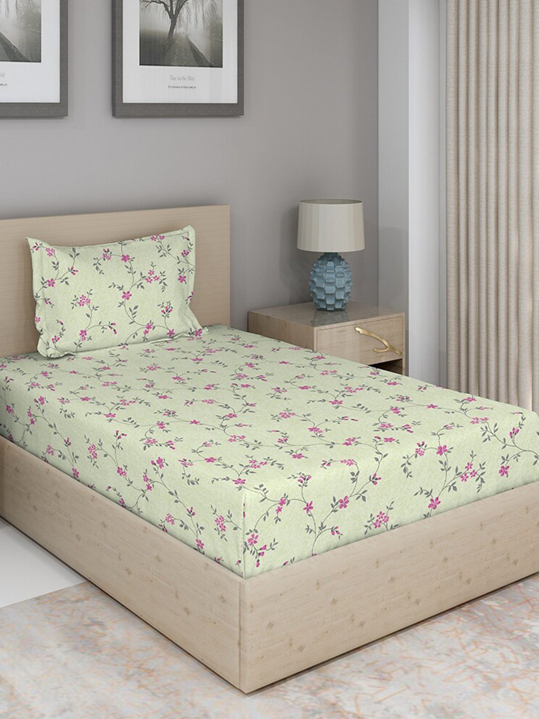 

Duroflex Green & Pink Floral 144 TC Single Bedsheet with 1 Pillow Covers