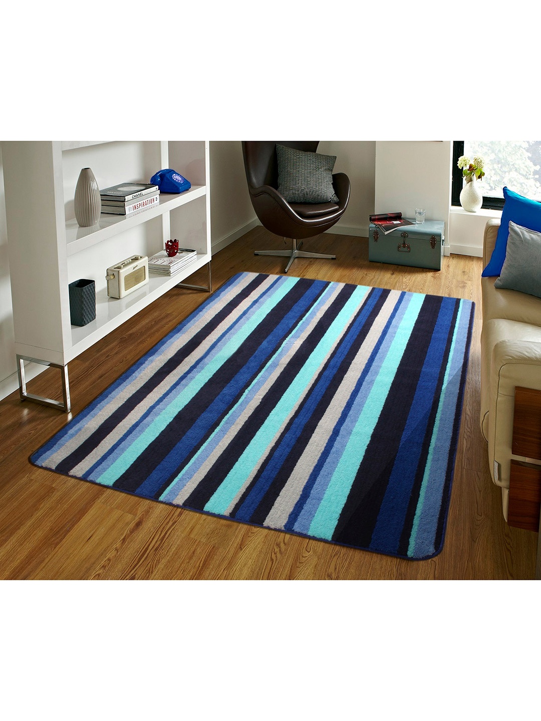 

Saral Home Unisex Blue & Beige Striped Soft Microfiber Anti-Skid Carpet