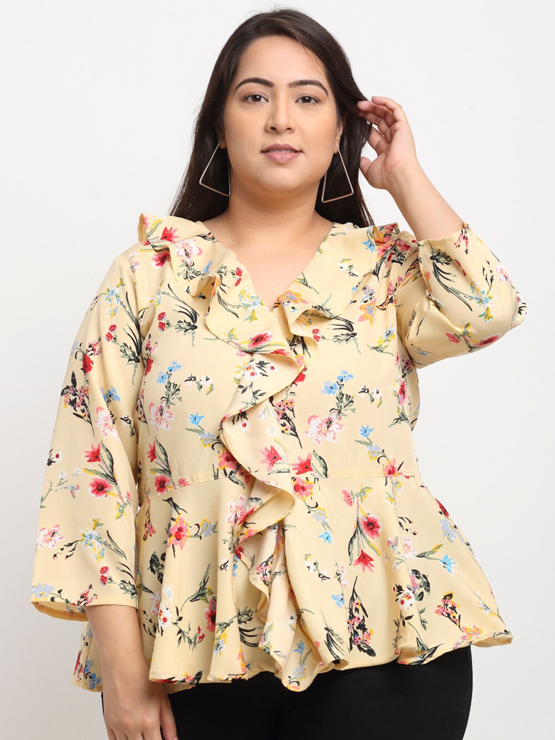 

Flambeur Multicoloured Floral Flared Sleeve Crepe Peplum Top, Multi