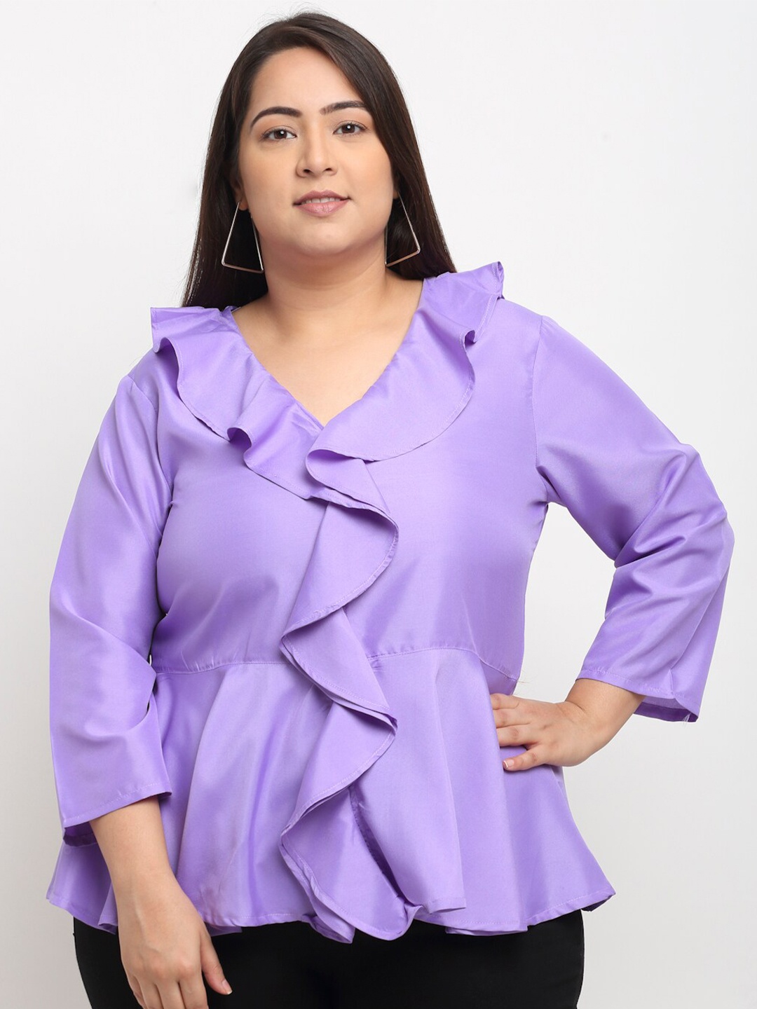 

Flambeur Women Solid Purple Ruffle Detailed Peplum Crepe Top